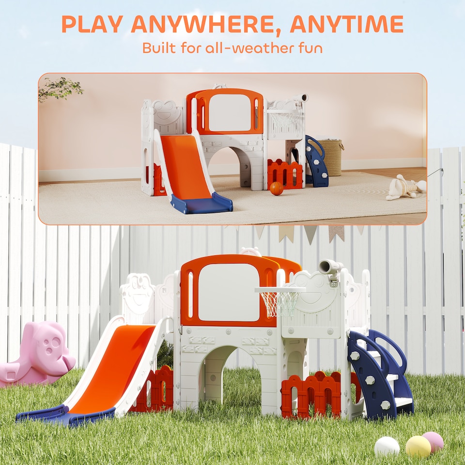 image 1 of AIYAPLAY 7 in 1 Toddler Slide Set, Frog Theme Playset with Basketball Hoop | Orange | Orange & White | 176L x 150W x 94H cm