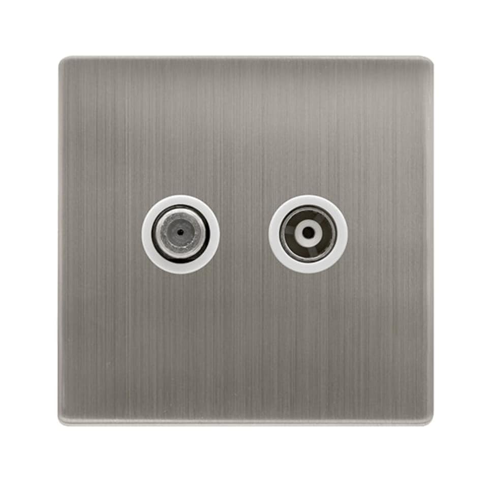 SE HOME Stainless Steel Screwless Plate Satellite And Isolated Coaxial 1 Gang Socket - White Trim - SE Home White | Stainless Steel