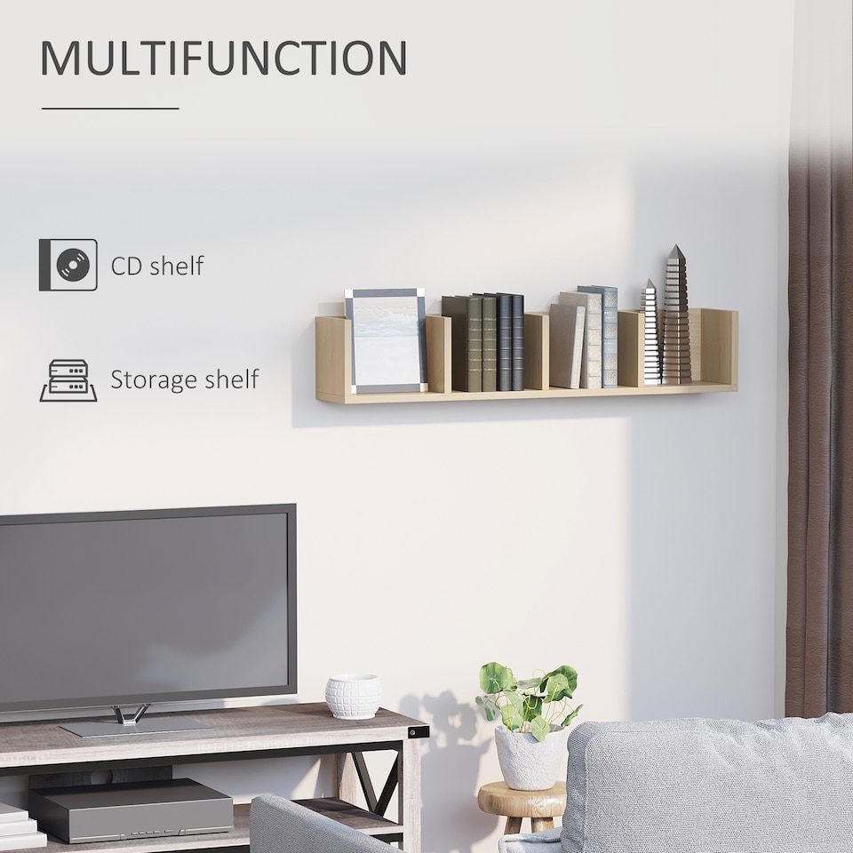 image 1 of HOMCOM Wooden Wall-Mounted Storage Media Display Shelf Center Rack, Natural