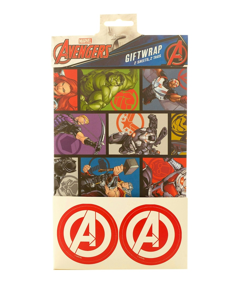 image 1 of Multipack of 6 Sheets of Wrapping Paper & 6 Tags | Birthdays | For Boys | Marvel Avengers Design | Blue