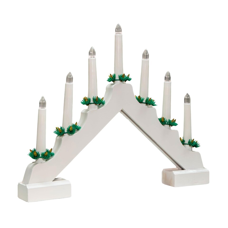 image 1 of 40cm Battery Operated Light up White Wooden Christmas Candle Bridge with 7 Warm White LEDs