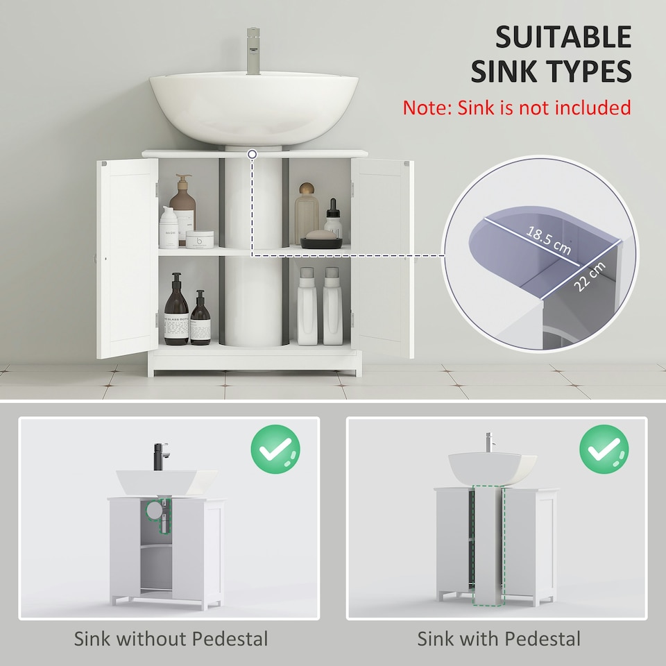 image 1 of kleankin 60x60cm Under-Sink Storage Cabinet w/ Adjustable Shelf Drain Hole White White | White