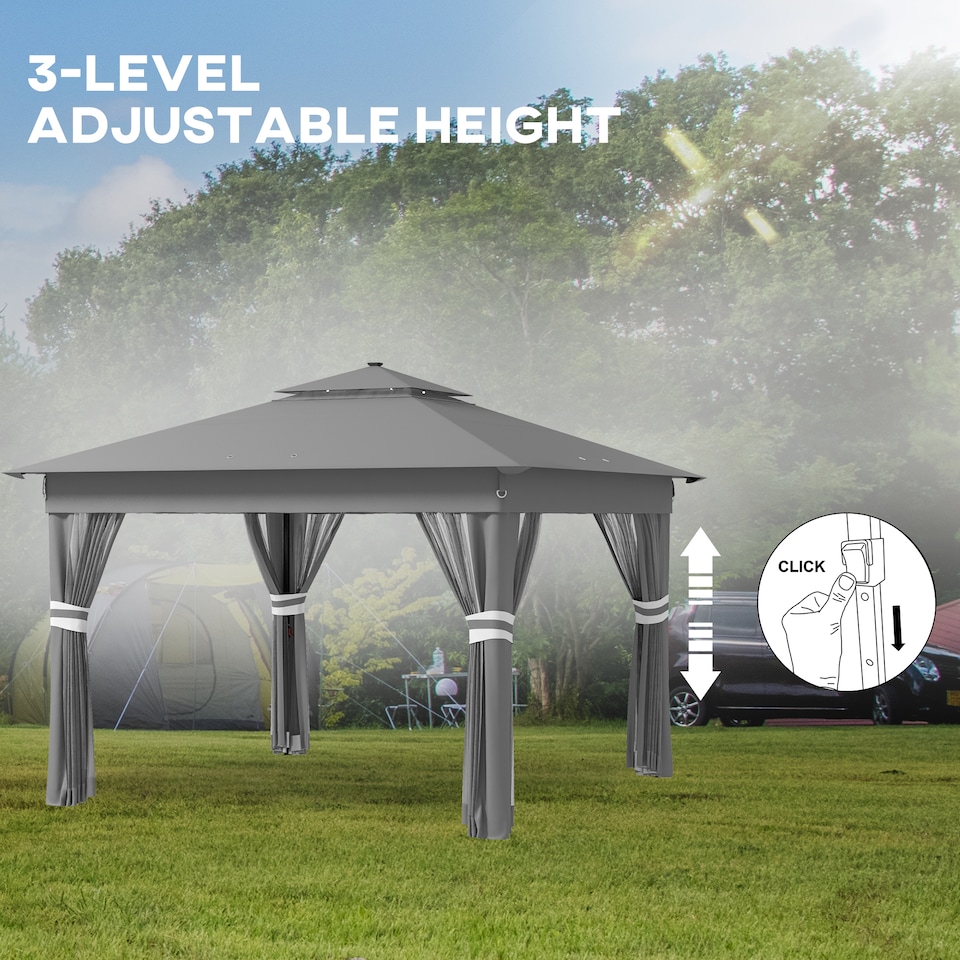 image 1 of Outsunny 3.36 x 3.36m Pop Up Gazebo with Sides, 20 SolarPowered LED Lights, Netting, Roller Bag, 4 Weight Bags, Marquee Party Tent, Height Adjustable Instant Event Shelter, Grey
