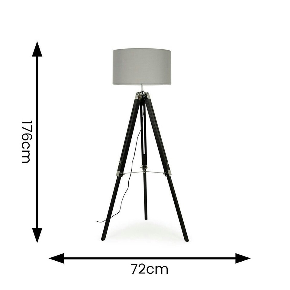 image 1 of ValueLights Black Wood And Silver Chrome Tripod Floor Lamp With Grey Drum Shade