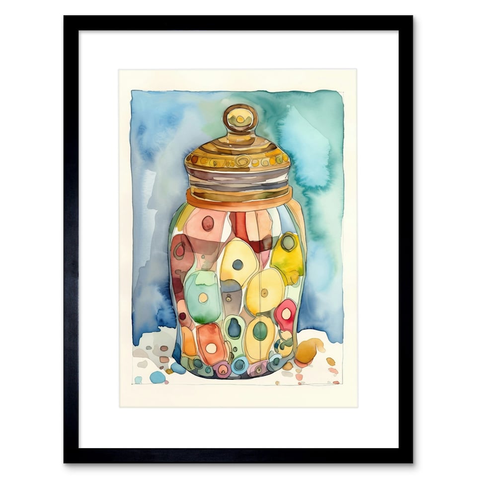 image 1 of Glass Cookie Jar Sweets Folk Art Watercolour Kitchen 9x7" Black Framed Wall Art Print