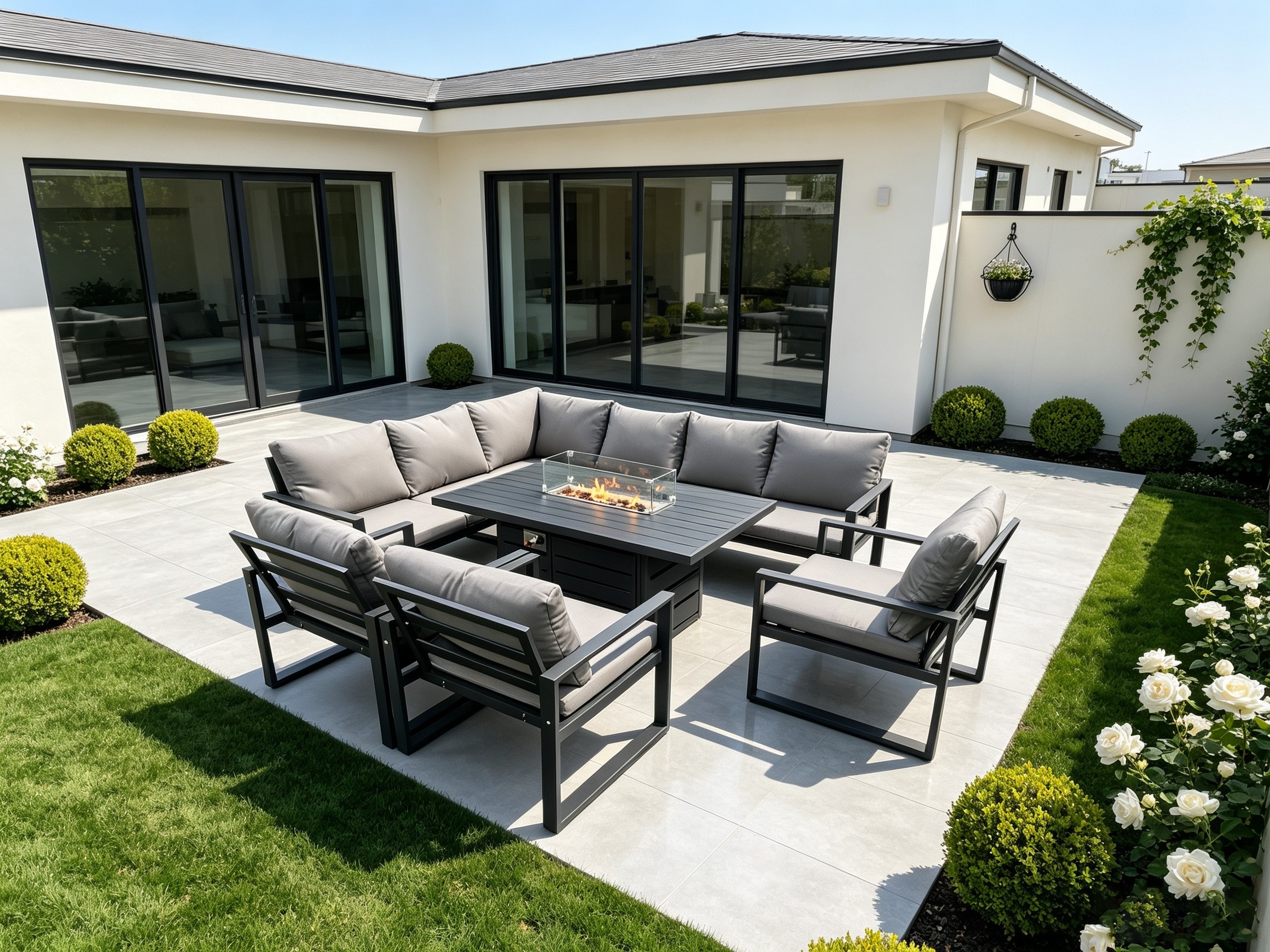 Fimous Aluminum Outdoor Garden Furniture Set Corner Sofa 3 PC Chairs Gas Fire Pit Dining Table Set Gas Heater Burner Dark Grey 8 Seater