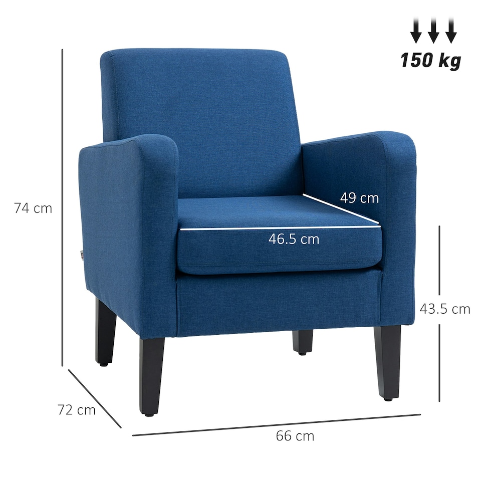 image 1 of HOMCOM Modern Armchair Accent Chair with Rubber Wood Legs for Bedroom Blue