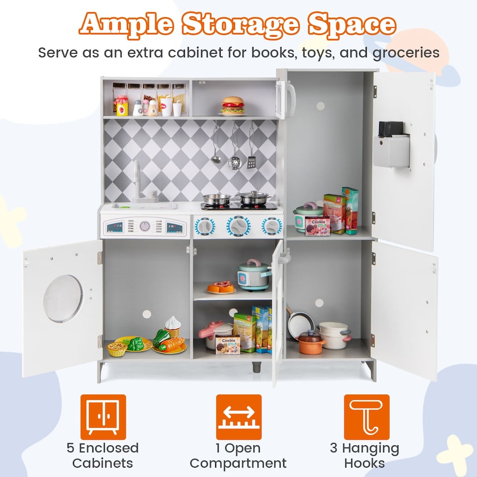 image 1 of COSTWAY Pretend Play Kitchen Kids Wooden Toy Set Kitchen Accessory Playset White