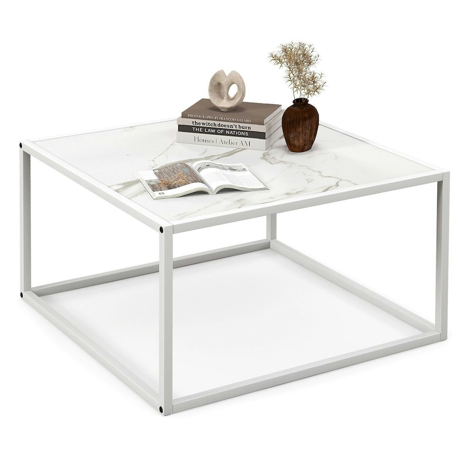 image 1 of COSTWAY Modern Square Coffee Table with Faux Marble Tabletop White
