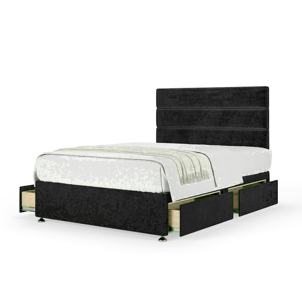 Black Naples Velvet 4 Drawer Divan Base and Milan Headboard Small Double