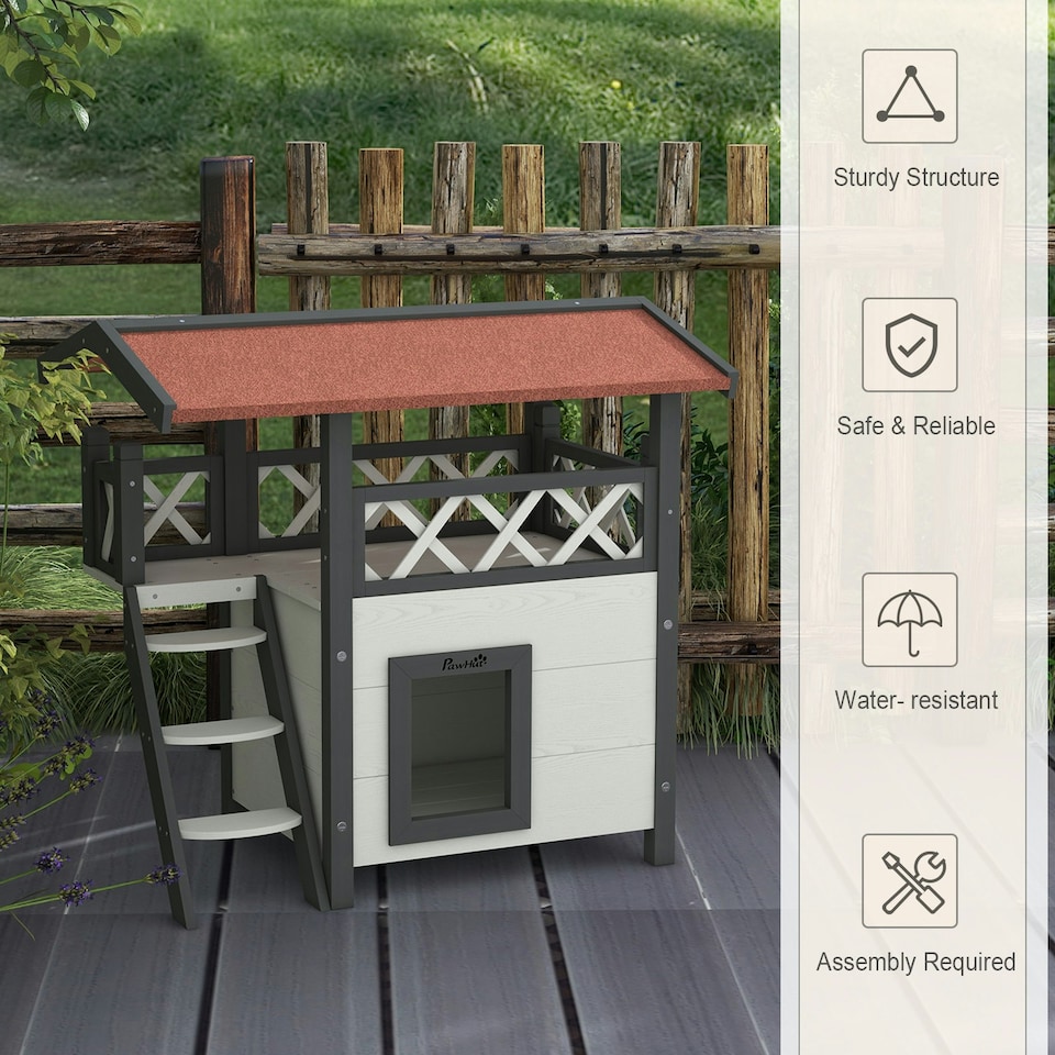 image 1 of PawHut Outdoor Cat House w/ Balcony Stairs Roof, White