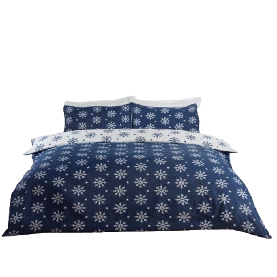image 1 of Snowflake Reversible Microfibre Fabric Complete Duvet Cover Set with Pillowcase and Fitted Sheet (Blue) Blue | King