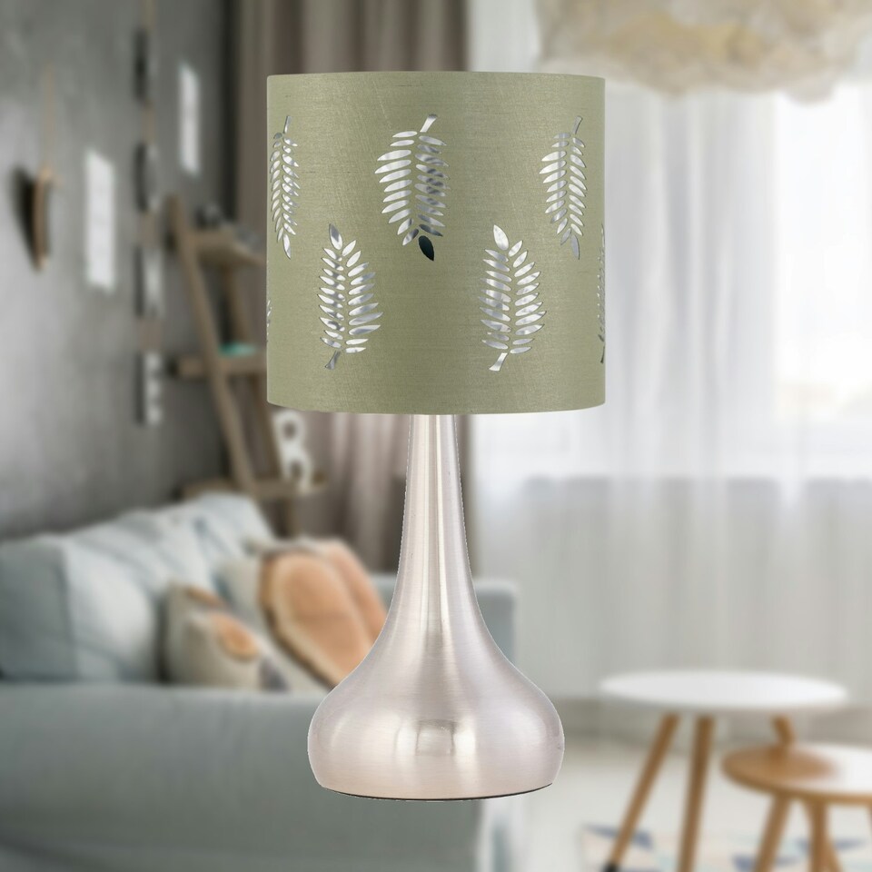 image 1 of Romana - Brushed Chrome Touch Table Lamp with Sage Green Fern Shade Silver | Green