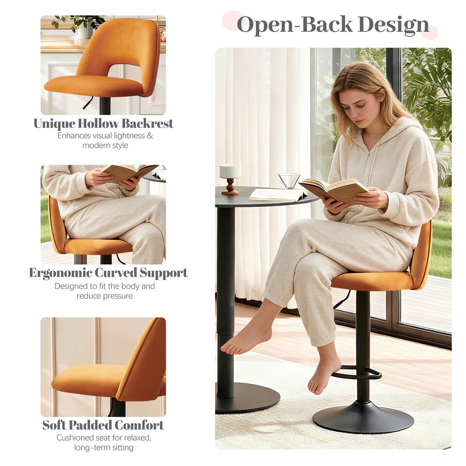 image 1 of SONARA Set of 1 Adjustable Velvet Upholstered Breakfast Bar Stools | Orange