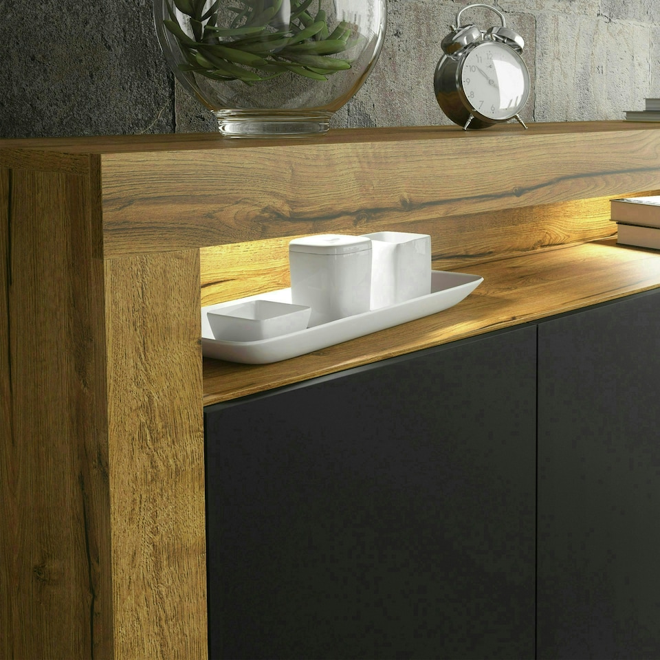 image 1 of Sideboard 155cm Black Matt Doors Oak Matt Body Free LED Display Shelf Multi | Oak & Black