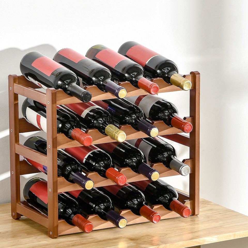 image 1 of HOMCOM Free Standing Bamboo Wine Rack with 16 Bottles Holder, 4-tier Water Bottle Organiser, Display Shelf for Countertop, Home Bar, Brown