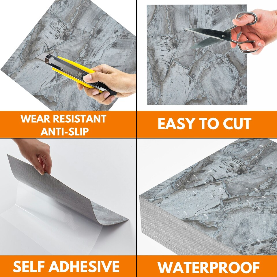 image 1 of NOVECRAFTO Vinyl Floor Tiles Self Adhesive – 12x12in Peel and Stick Flooring for Kitchen, Bathroom & Living Room – Charcoal Marble Flow Design | Grey | 4.65 sqm