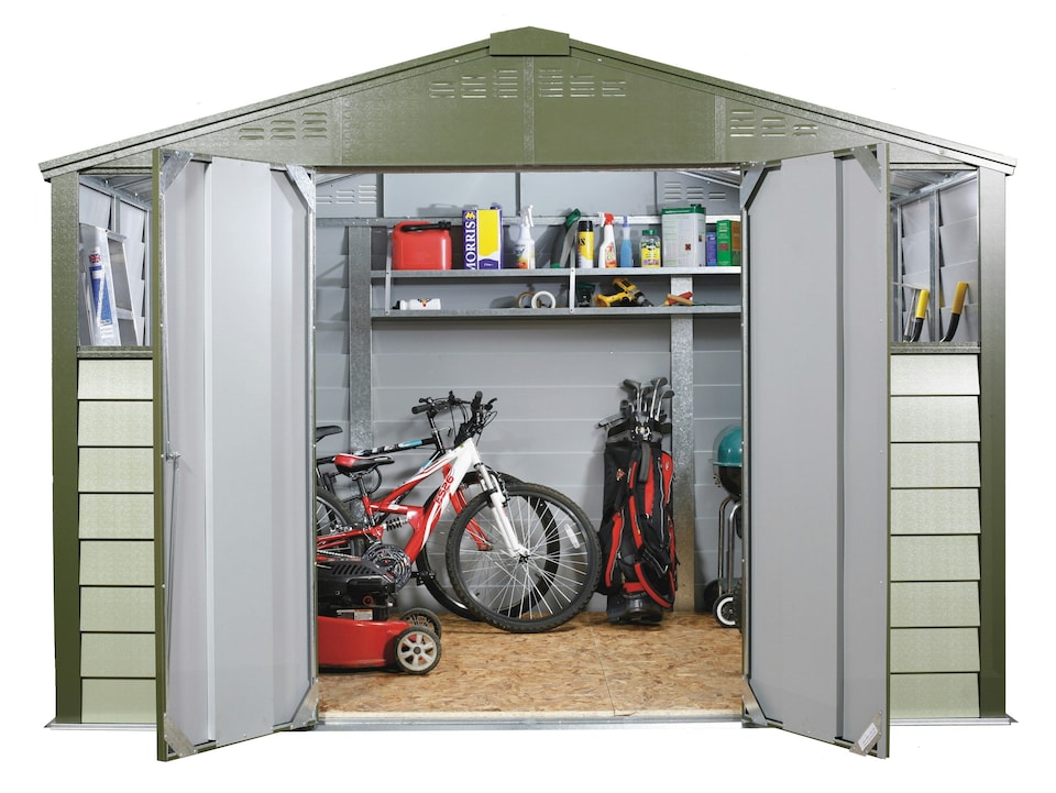 image 1 of 10 x 8 ft Trimetals Titan 108 Apex Roof Metal Shed - Double Door - Two Window | Green | 10x8ft