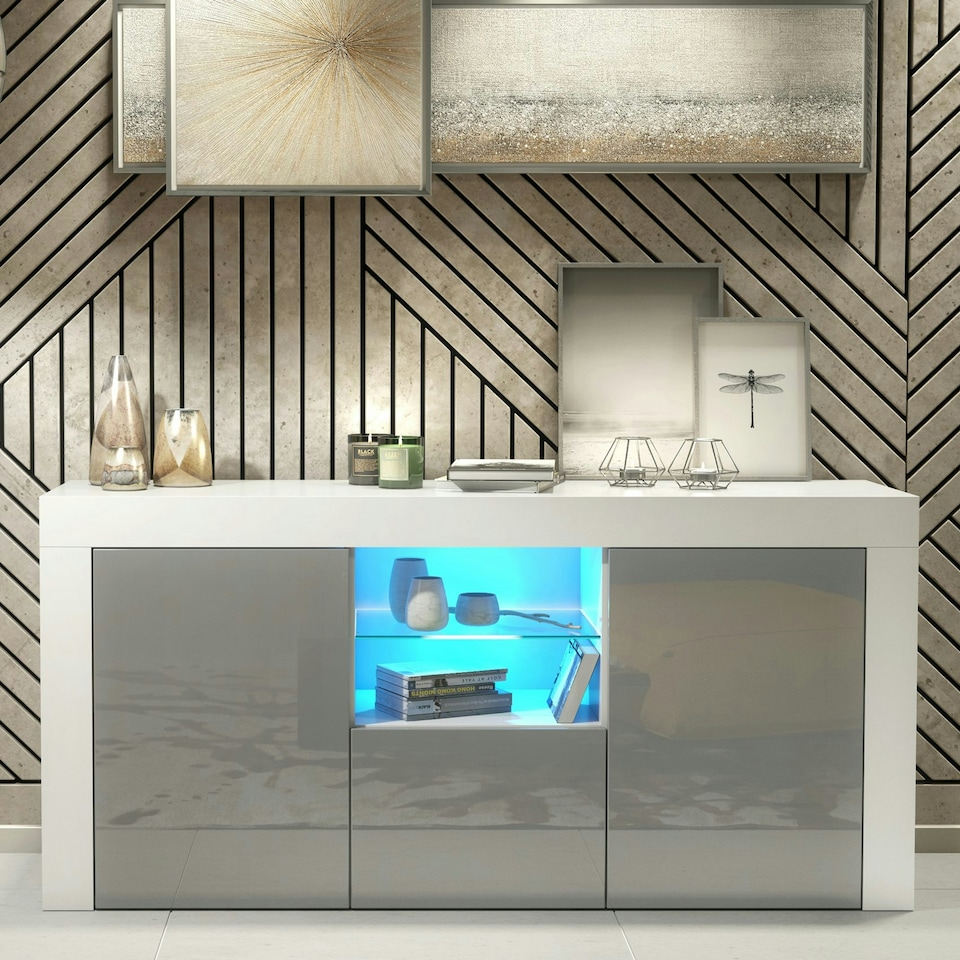 image 1 of TV Unit 145cm Grey Gloss Doors Free LED White Matt Media Cabinet | White | Grey | One Size | 1