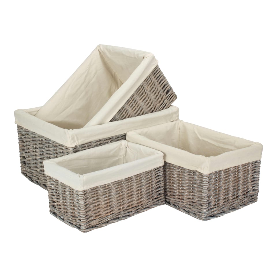 image 1 of Set of 4 Grey Wash White Cotton Lined Willow Storage Baskets | Brown | White | Not provided | 4