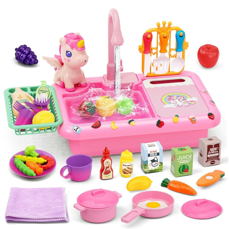 image 1 of Kids Pink Kitchen Sink Playset with Real Running Water Includes Colorful Food Accessories