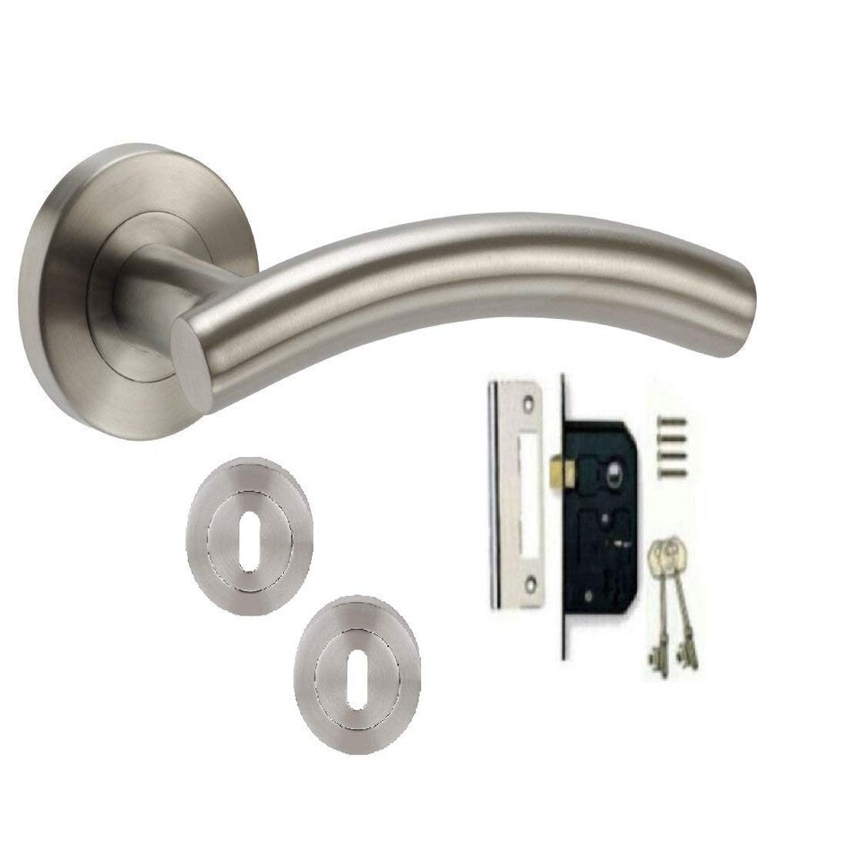 Golden Grace Arched T-Bar Key Lock Door Handle Lever on Round Rose Furniture in Stainless Steel Finish with Screws and Fixings | Grey | 1 Set
