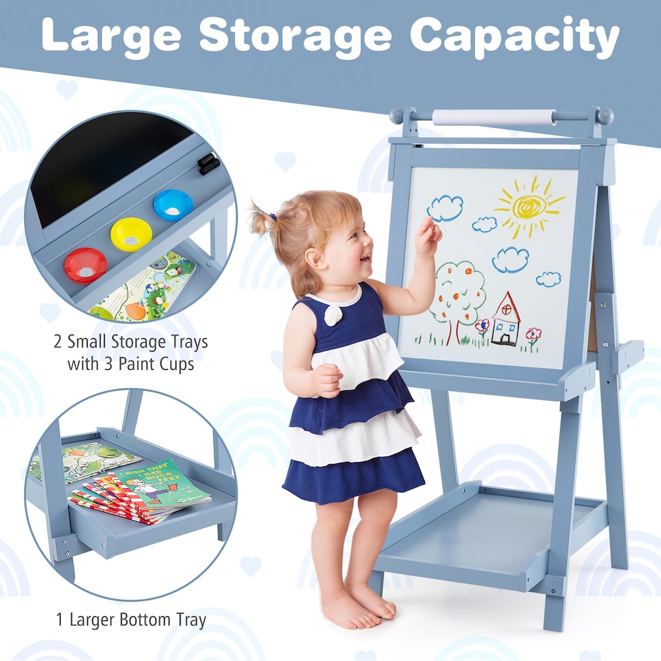image 1 of COSTWAY Foldable Easel Kids 3-in-1 Double-sided Art Easel w/Chalkboard-Blue