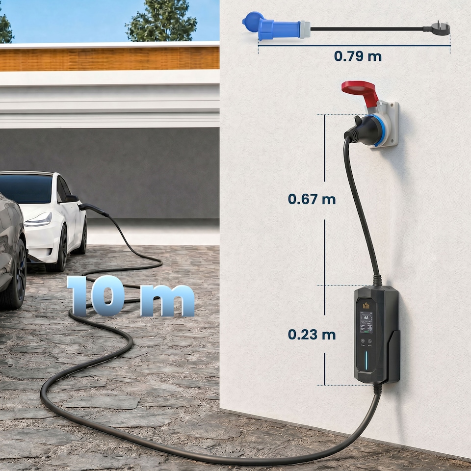 image 1 of HOMCOM EV Charger 7kW Type 2 to CEE 32A Plug with UK Adapter, 10 m, 6-32A