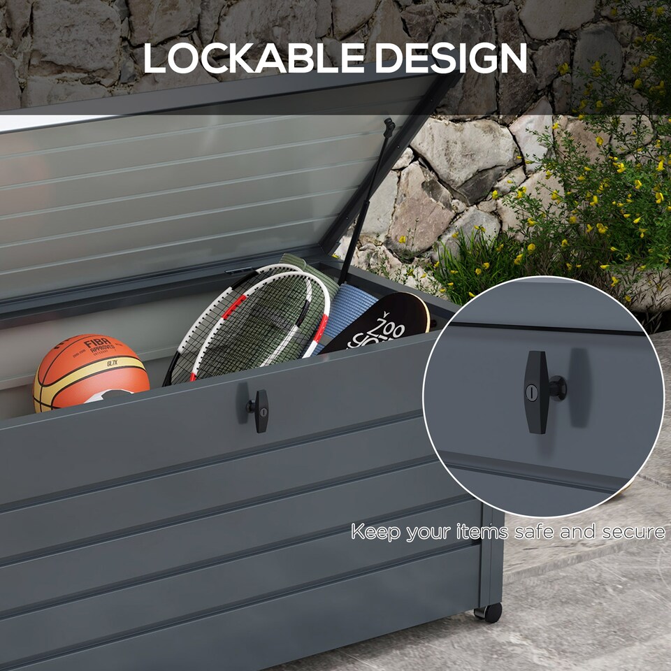 image 1 of Outsunny 331 Litre Garden Storage Box, Waterproof Outdoor Storage Box with Wheels and Handles, Lockable Galvanised Steel Outside Deck Box Organiser for Tools, Cushions, Dark Grey