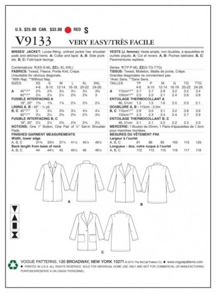 image 1 of Vogue 9133 Paper Sewing Pattern – Women’s Jacket, Sizes L–XL–XXL, Easy