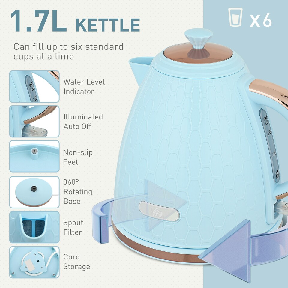 image 1 of HOMCOM Kettle and Toaster Set 1.7L Kettle & 2 Slice Toaster Set, Light Blue