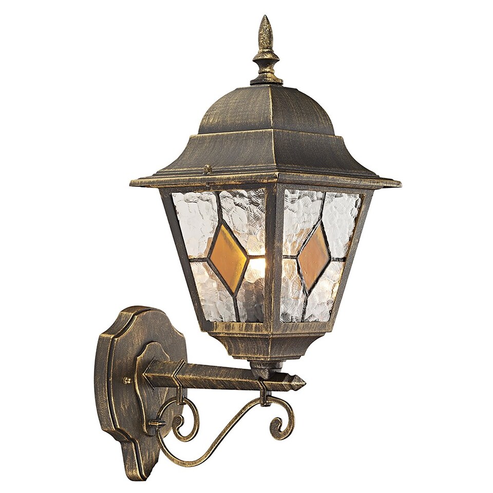 Black-Gold Cast Aluminium Outdoor Wall Light With Amber Leaded Glass | Gold