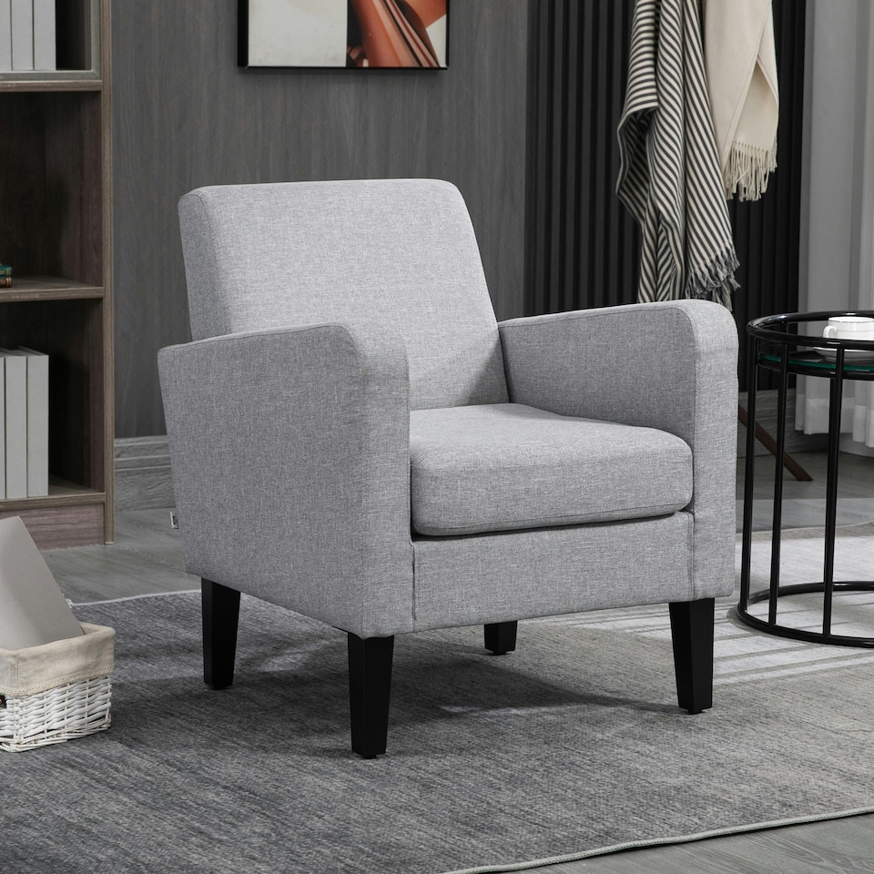 image 1 of HOMCOM Modern Armchair Accent w/ Rubber Wood Legs Bedroom Light Grey