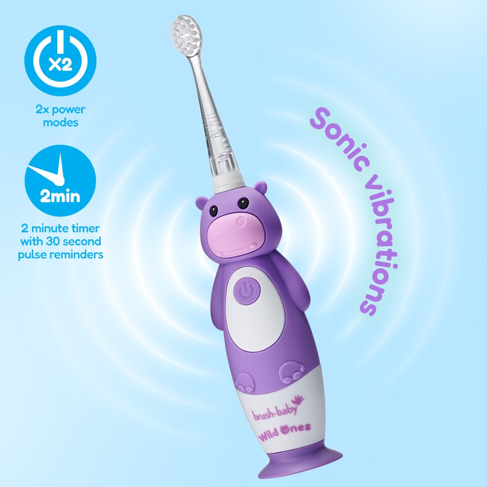 image 1 of Brush Baby WildOnes Hippo Kids Electric Rechargeable Toothbrush