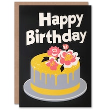 Cake Yellow Contrast Floral Roses Man Woman Birthday Card