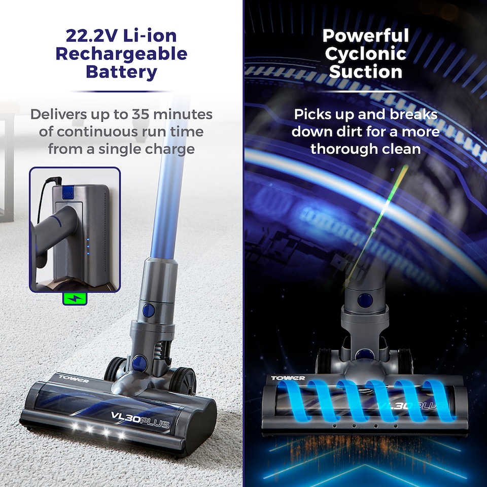 image 1 of Tower VL30 Cordless 3-in-1 Vacuum Cleaner with HEPA Filter, 1L, 150W, 22.2V, Blue & Grey, T513003