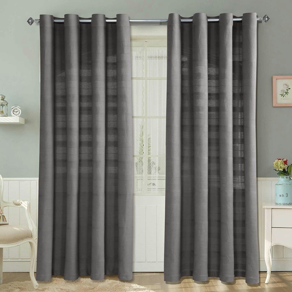 image 1 of Homescapes Cotton Rajput Ribbed Charcoal Grey Curtain Pair - 66 x 72" Drop Grey