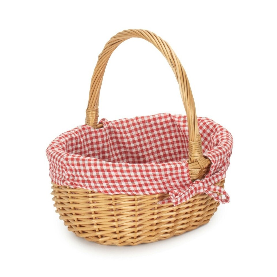 image 1 of Cotton Lined Full Buff Willow Child’s Shopping Basket Red | Red Checked | One Size