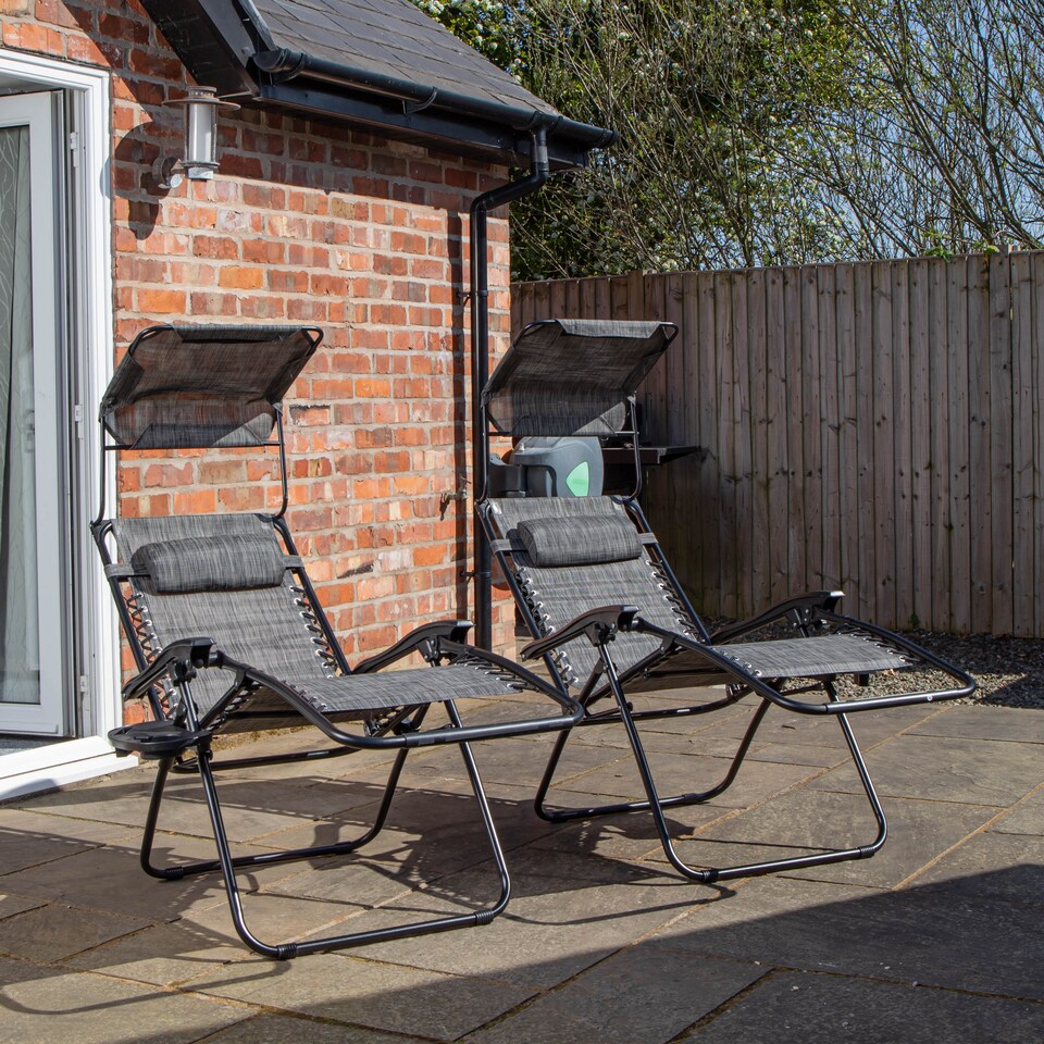 image 1 of Pack of 2 Multi Position Garden Gravity Relaxer Chair Sun Loungers with Sun Canopy in Grey | Grey | Grey