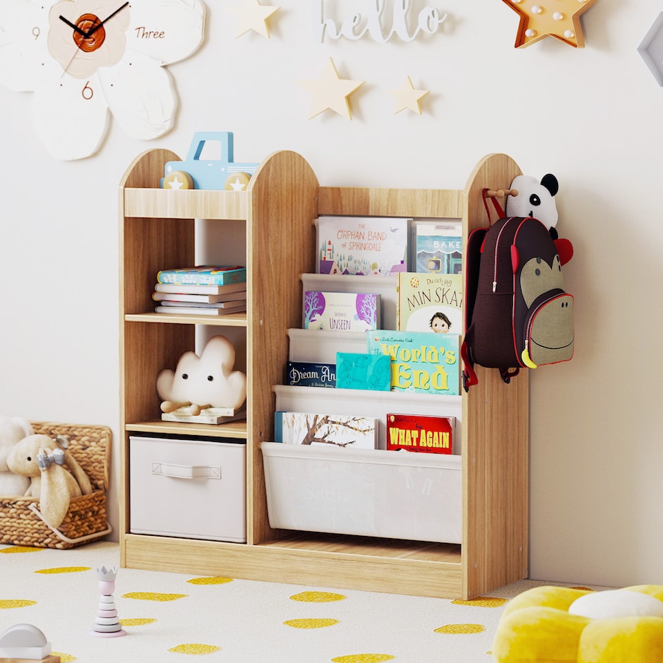 image 1 of COSTWAY Kids Bookshelf Mirror Toy Storage Organizer with Full-Length