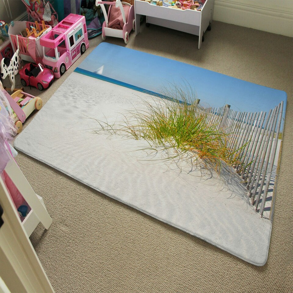 image 1 of Beautiful sand dune fence by sea grass with sailboat on horizon (Rug) Cream | XL
