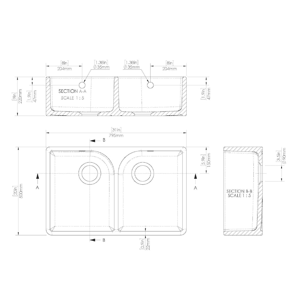 image 1 of Balterley Double Bowl Fireclay Ceramic Butler Kitchen Sink with Full Weir, Overflows & Wastes