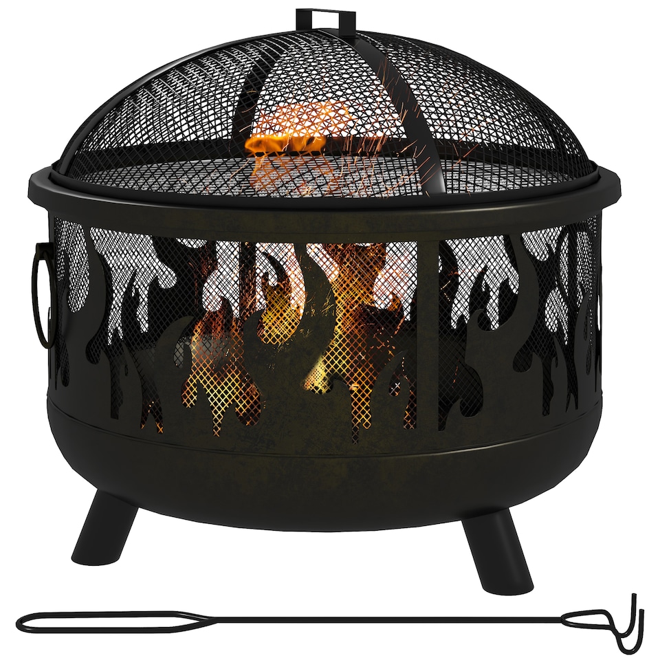 image 1 of Outsunny Metal Firepit Bowl Outdoor 2-In-1 Round Fire Pit with Lid, Grill, Poker, Handles for Garden, Camping, BBQ, Bonfire, Wood Burning Stove, 61.5 x 61.5 x 52cm, Black