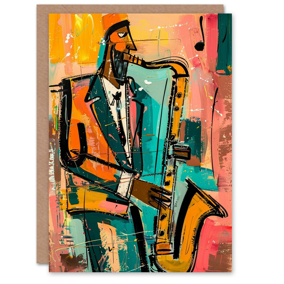 image 1 of Saxophone Player Jazz Music Musician Colourful Abstract Greeting Card