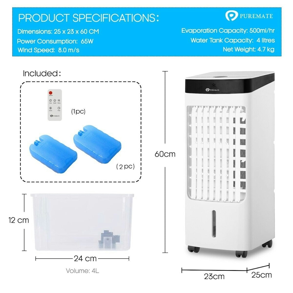 image 1 of PureMate 4L Portable Air Cooler with 4 Operating Modes, LED Display, Timer & Remote Control