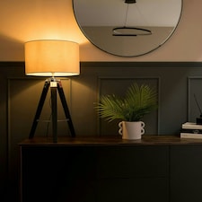 ValueLights Clipper Black Wood Tripod Table Lamp with Medium Natural Shade