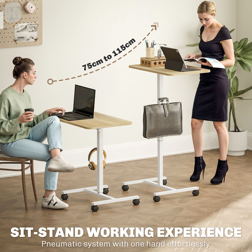 image 1 of HOMCOM Height Adjustable Standing Desk, Pneumatic Sit Stand Desk for Laptop, Mobile Overbed Table with Wheels and Headphone Hook for Home Office, Natural Wood Finish