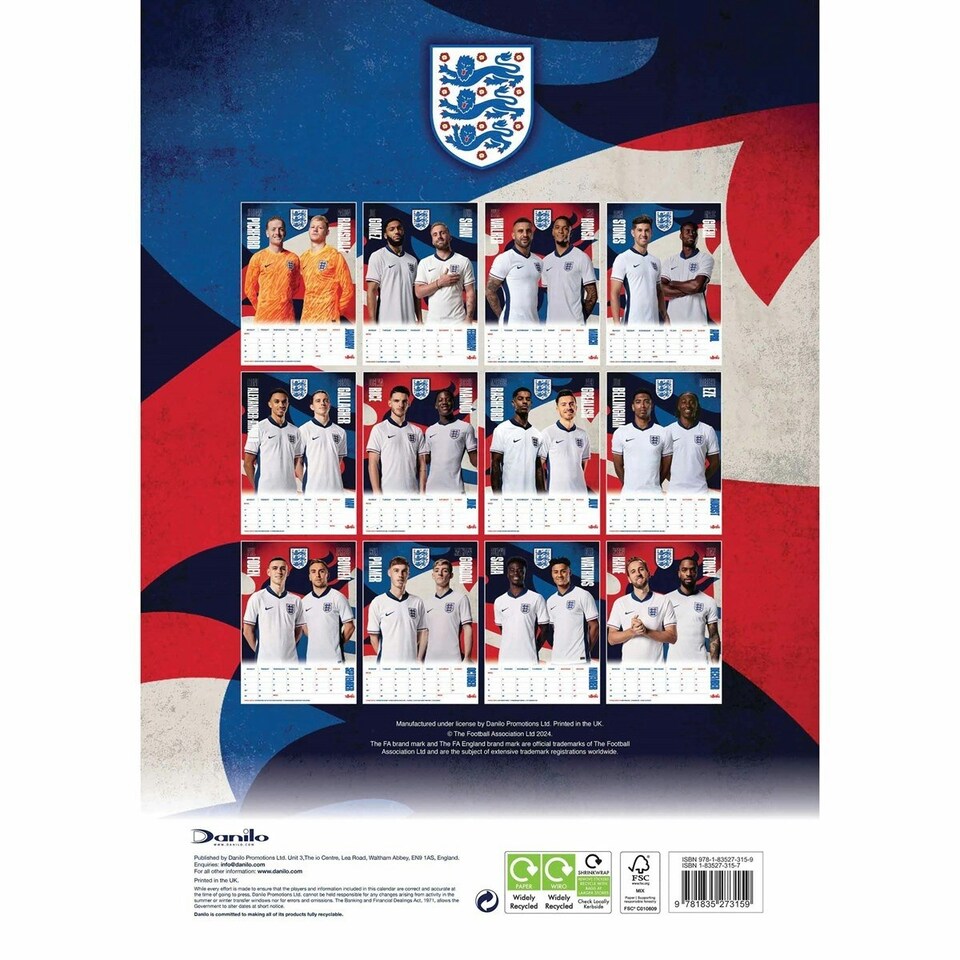 image 1 of England FA 2025 A3 Calendar - Red/Blue/White - One Size