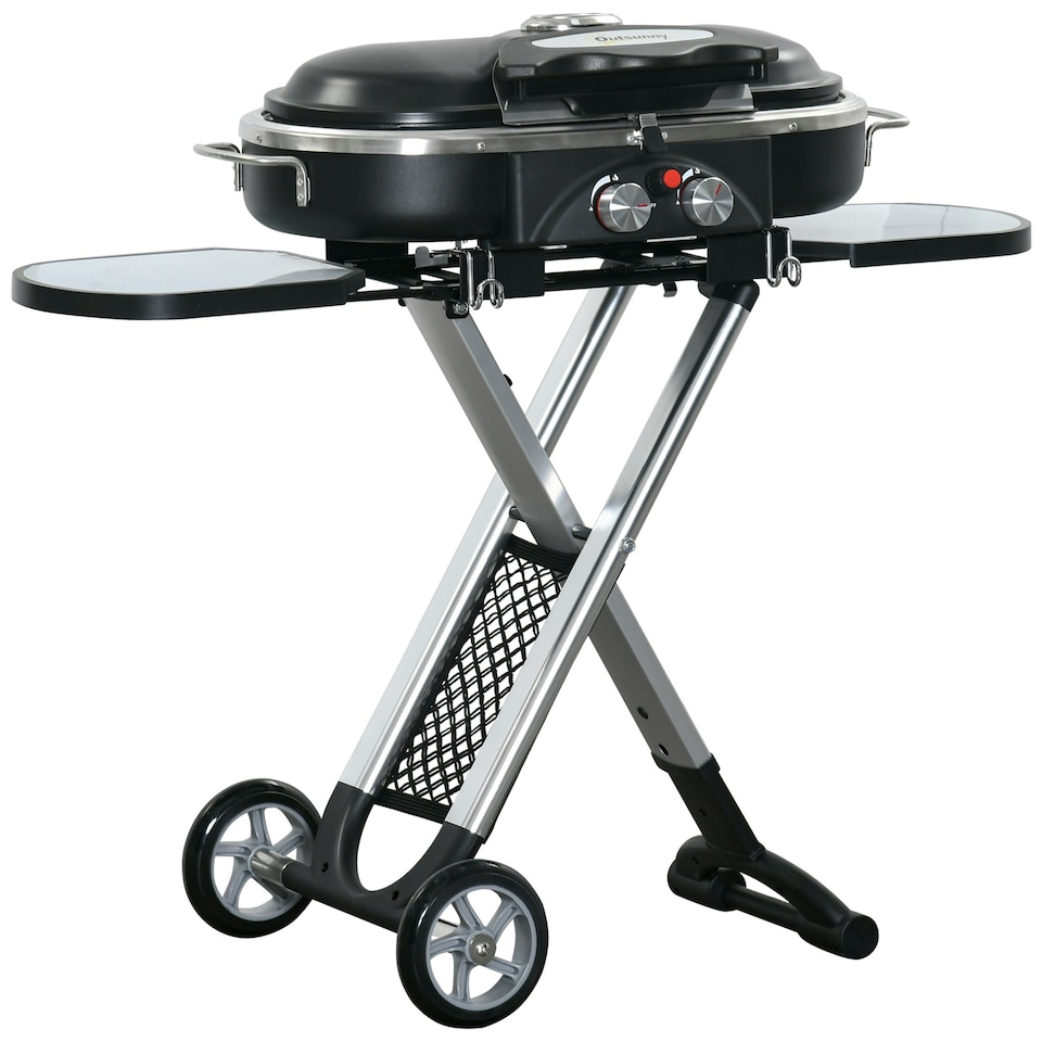 image 1 of Outsunny Foldable 2 Burner Gas BBQ Grill Trolley w/ Side Shelves Storage Pocket