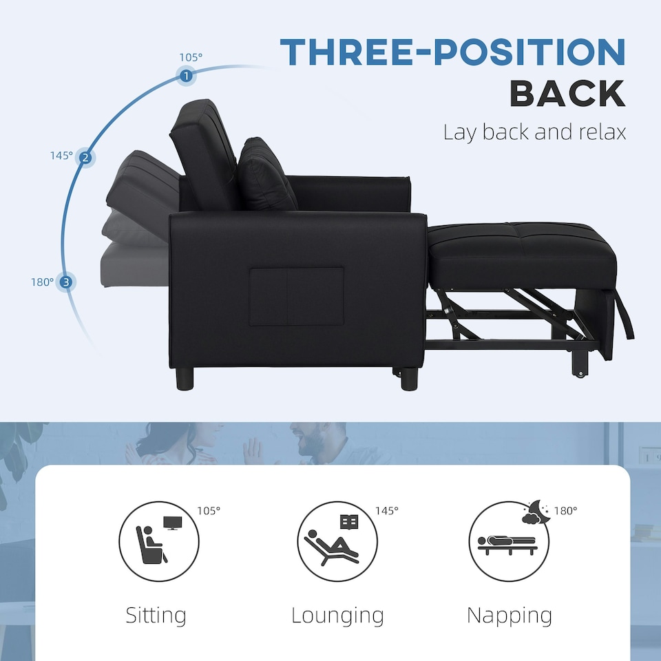 image 1 of HOMCOM Folding Chair Bed, Sleeper Chair with Pillow, Side Pockets, Black